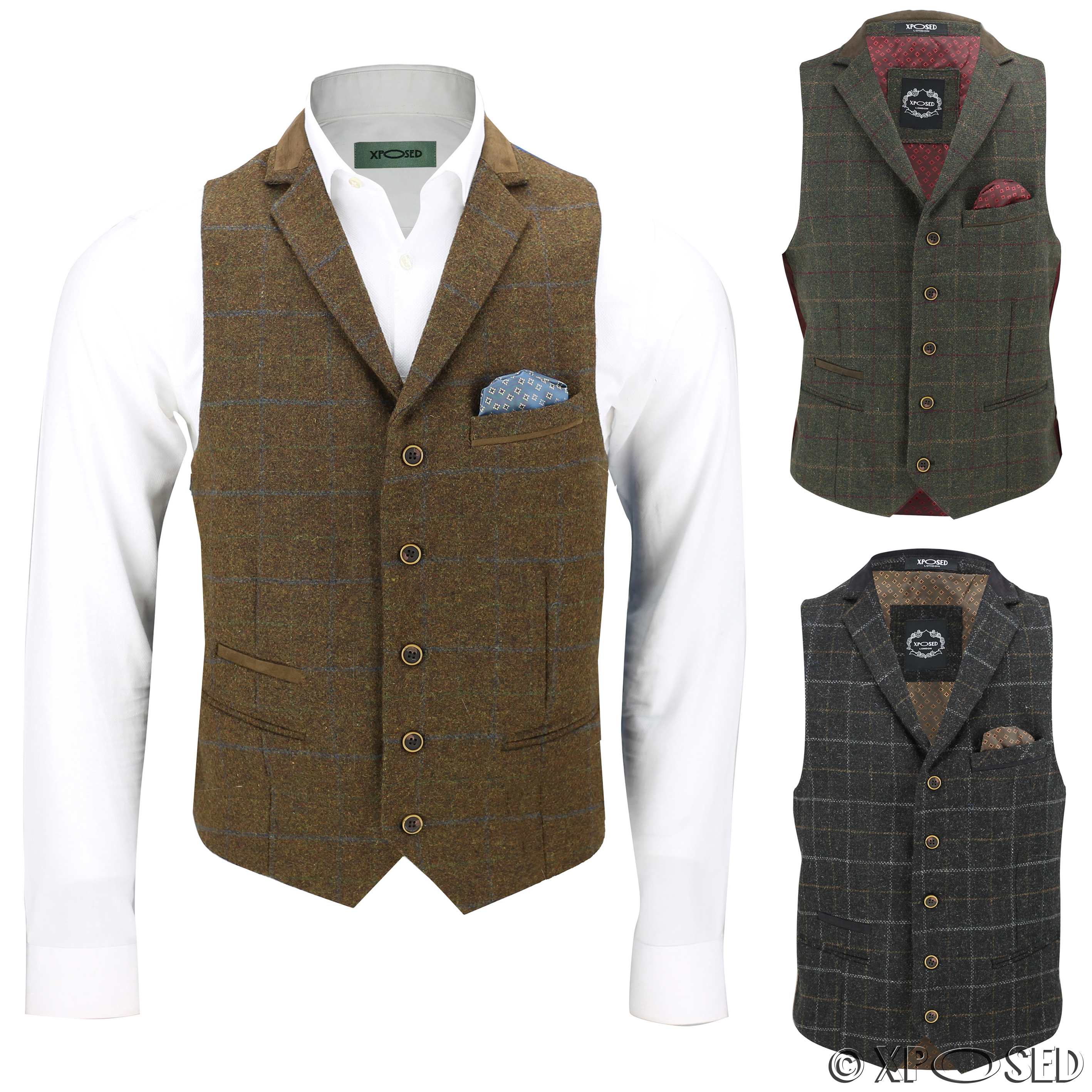 Mens Wool Mix Herringbone Tweed Check Vintage Collar Waistcoat